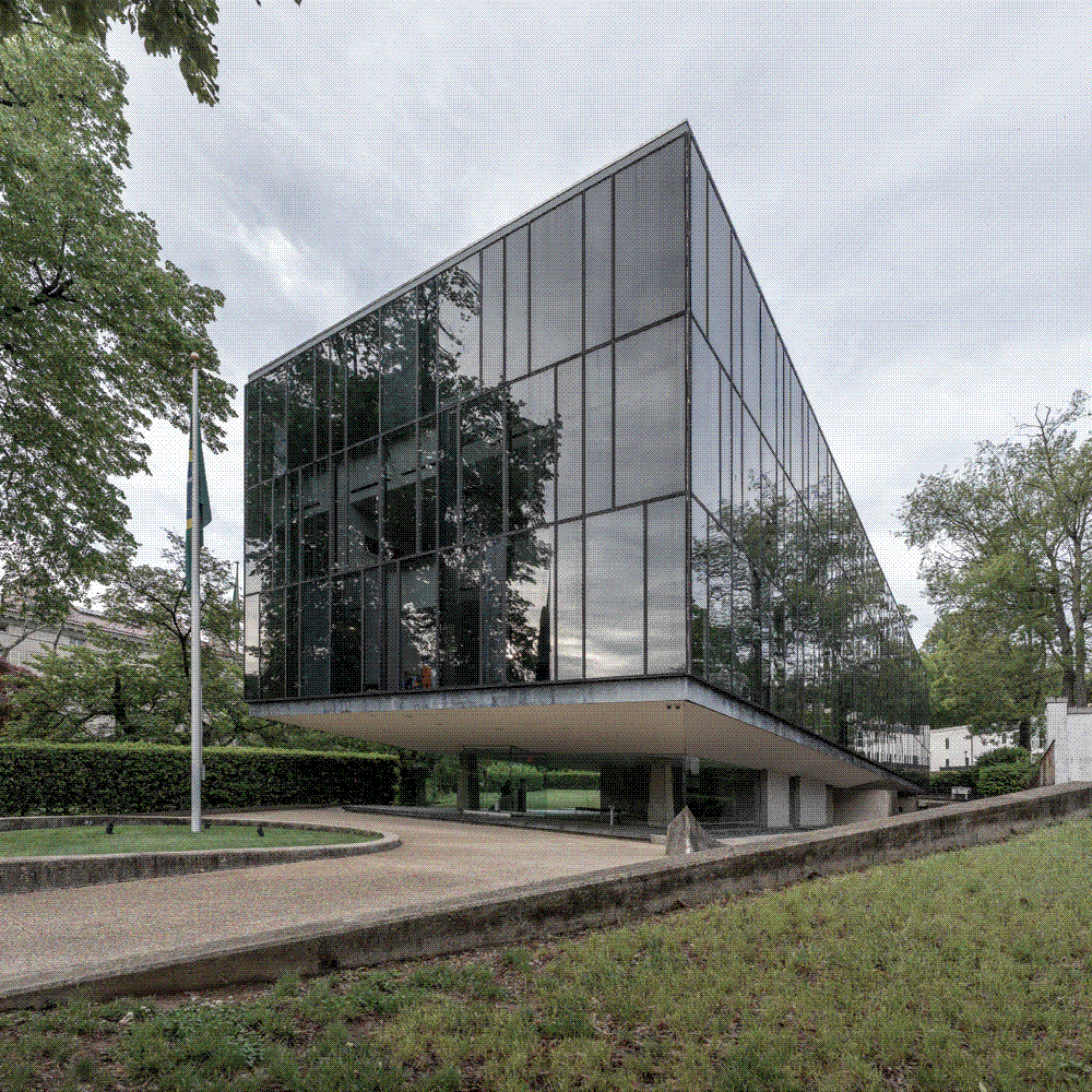 The modernist facade of the Embassy of Brazil on Massachusetts Avenue in Washington, DC.