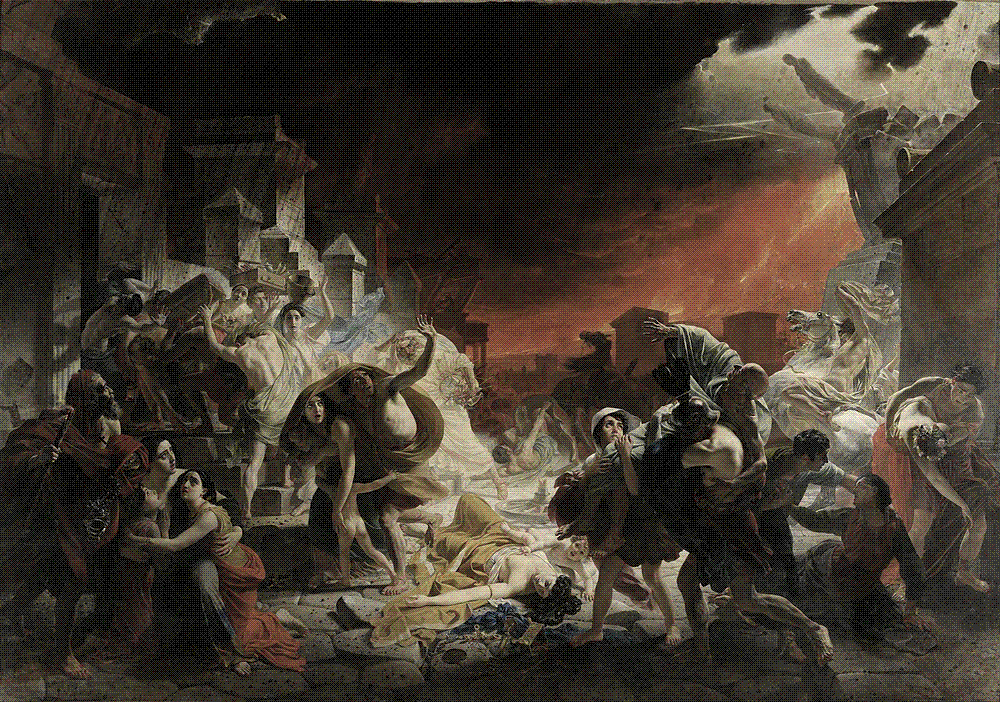 Crowds flee beneath a black ash cloud and collapsing statues in Karl Bryullov's painting The Last Day of Pompeii