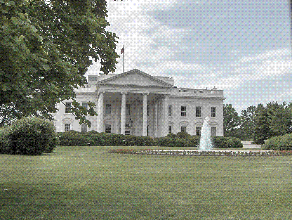 The north portico of the White House seen across the North Lawn fountain