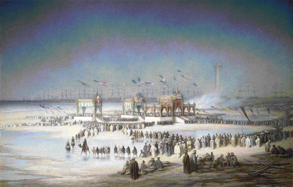Édouard Riou's 1869 depiction of the inauguration of the Suez Canal on 17 November 1869, a procession of ships entering the newly opened waterway